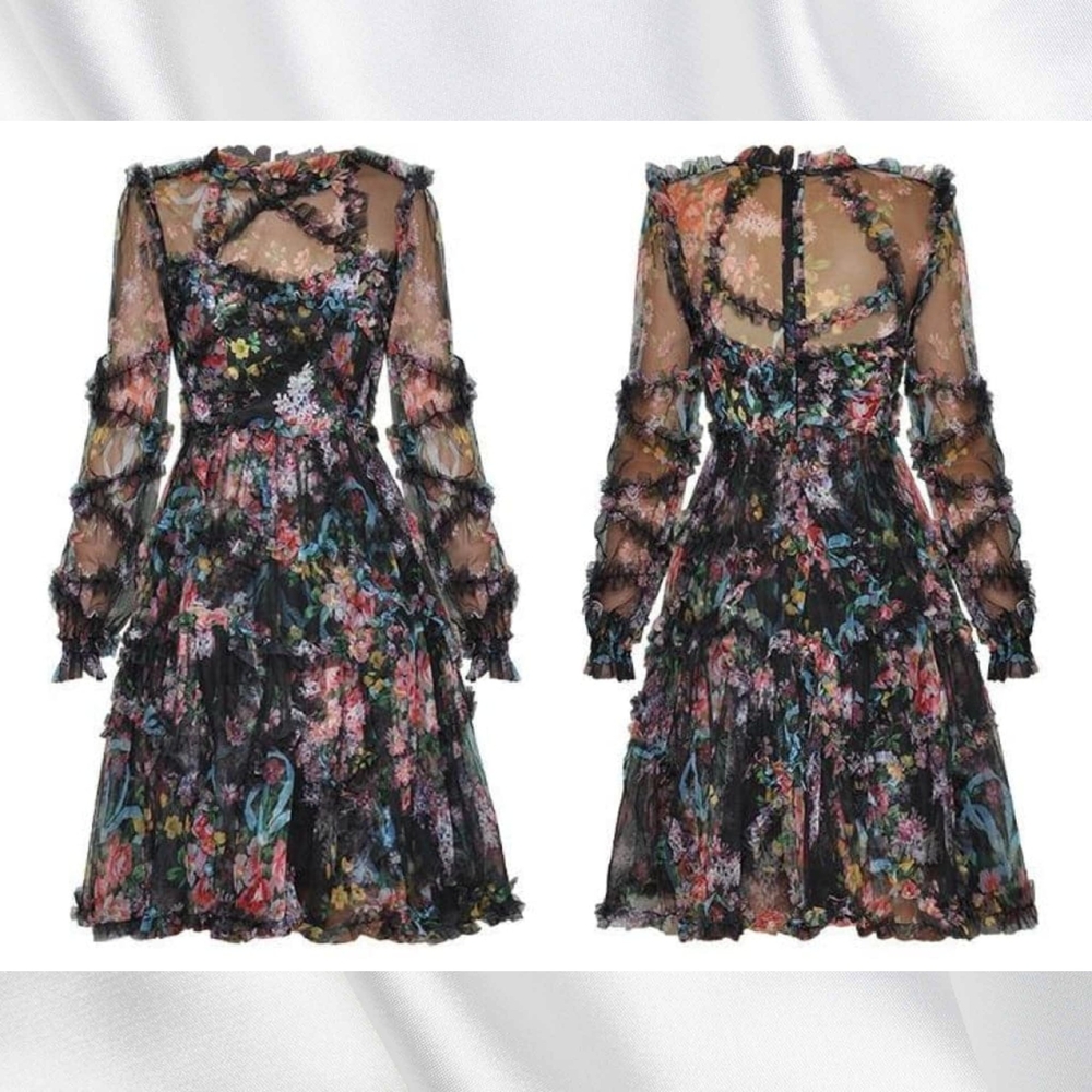 The Black Vintage Florals Tiered Ruffles Mini Dress